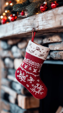 A cozy red Christmas sock dangles from a wooden mantle, surrounded by cheerful holiday decorations.の素材
