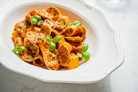 Savor the rich flavors of pasta tossed with clams and garnished with vibrant herbs.の写真素材