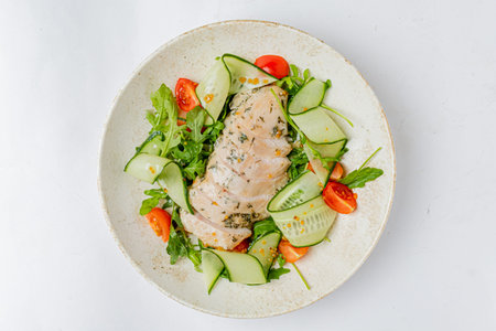 Juicy chicken breast sits on arugula, topped with fresh cucumber and cherry tomatoes.の写真素材