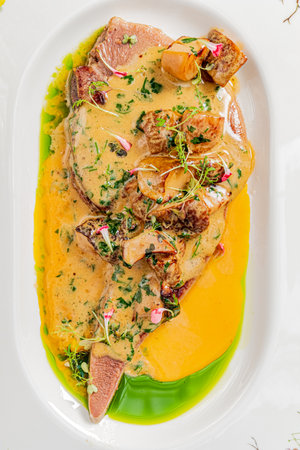 Succulent meat served with creamy sauce, vibrant colors, and artistic garnishes delight the senses.の写真素材