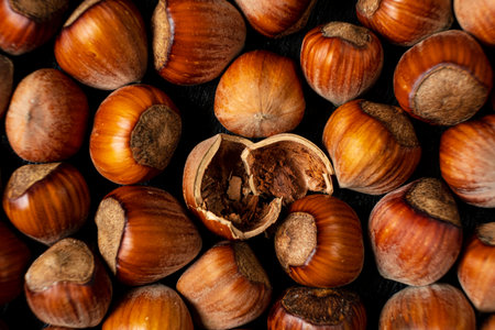 Fresh hazelnuts on a wooden surface, displaying rich textures, with one shell cracked open.の写真素材