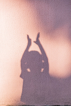 A child's shadow dances on a warm wall, capturing a moment of pure delight as sunlight fades.の写真素材