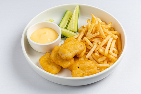 A tempting plate of crunchy nuggets, golden fries, and refreshing cucumbers await hungry diners.の写真素材