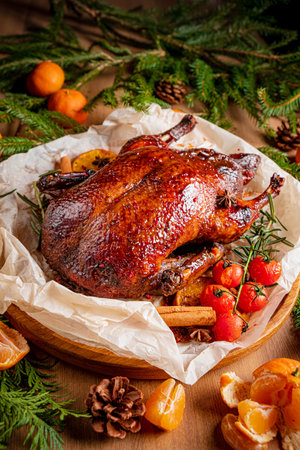 Golden-brown roasted turkey garnished with fresh herbs and vibrant fruits for a joyful celebration.