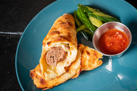 Tasty pastry shell filled with juicy meat, paired with crisp pickles and zesty dip.