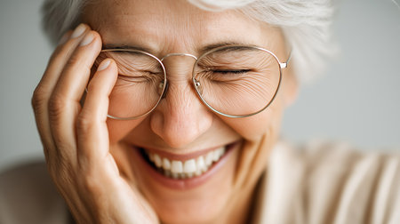 Elderly woman with glasses joyfully smiles, covering one eye in a cozy space.の素材