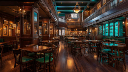 This grand Irish pub radiates warmth with its wood and emerald accents in a lively atmosphere.の素材