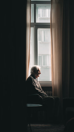 Elderly man sits peacefully by the window, lost in thought on a quiet afternoon.の素材