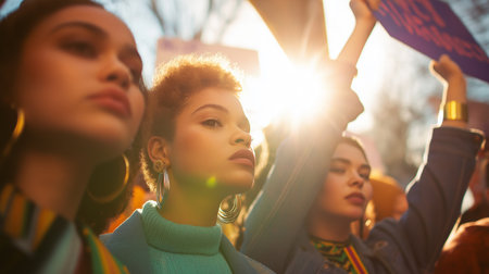 Three confident young women unite, raising their voices at a rally as the sun sets.の素材