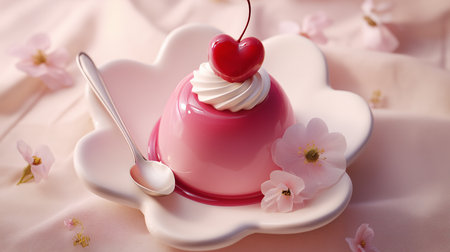 A charming pink pudding sits on a delicate plate, topped with creamy frosting and a cherry.の素材