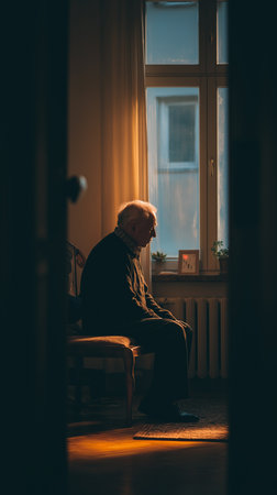 An elderly man sits in solitude, lost in thought as evening light softly fills the room.の素材