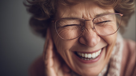 A cheerful elderly woman with glasses playfully covers one eye, laughing softly in a warm room.の素材