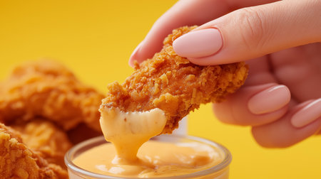 Golden chicken tender is lifted for a tasty dip in smooth, rich sauce, creating a delightful bite.の素材