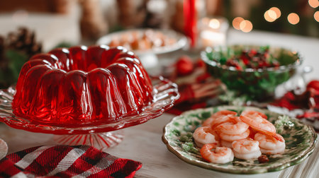 A beautifully set Christmas dinner table displays shrimp, jello, and vibrant festive dishes.の素材
