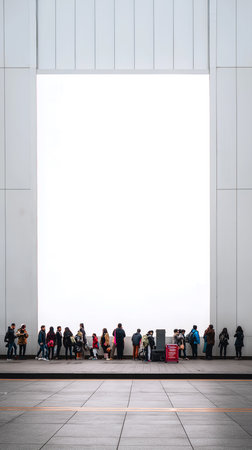 Visitors stand in line before a vast white window, captivated by the stark simplicity and mystery.の素材