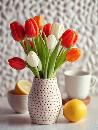 A lovely tulip bouquet and fresh citrus fruits brighten the space, reflecting joy.の素材