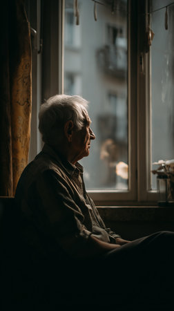 An elderly man sits by the window, reflecting on memories in the soft evening light.の素材