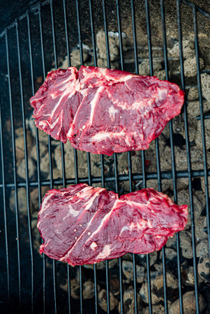 Fresh steaks lie on a grill, ready to be cooked and enjoyed by friends outdoors during summer.の写真素材
