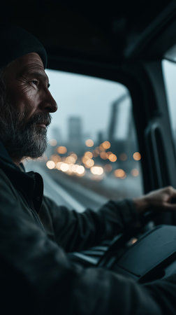 Worn hands grip the steering wheel tightly while navigating a busy urban landscape at dusk.の素材