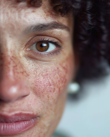 A close-up portrait highlights a woman's expressive eyes and unique freckles, inviting curiosity.の素材