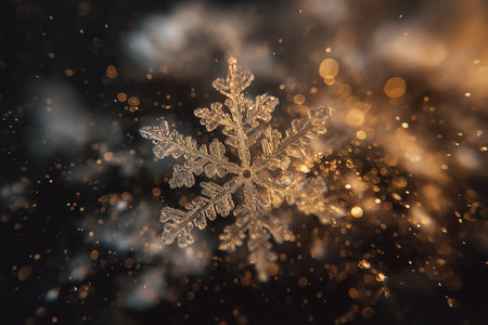 A stunning snowflake radiates golden hues while surrounded by shimmering light particles.の素材