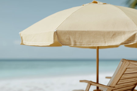 Chairs are positioned on a sandy beach under a bright yellow umbrella, inviting relaxation.の素材