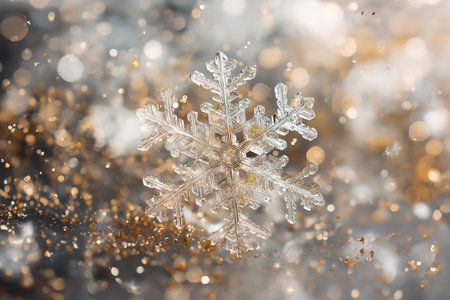 A delicate snowflake glistens with golden sparkles, capturing the essence of winter's beauty.の素材