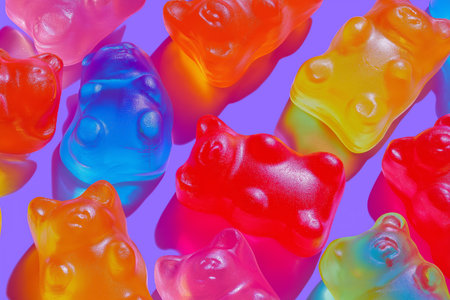 Colorful gummies in animal shapes create a fun, playful scene that invites sweet indulgence and joy.の素材