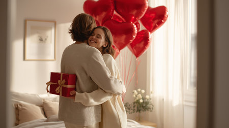 Happy moments shared between a couple at home, surrounded by love and surprises with a gift box.の素材