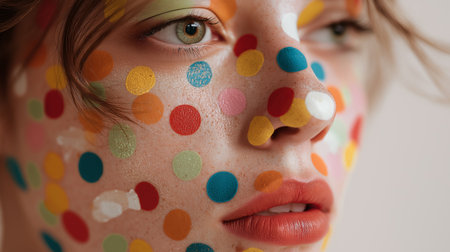 A woman displays vibrant polka dots on her face, radiating creativity and fun in a lively setting.の素材