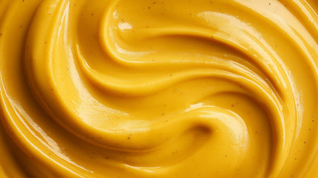 Lush yellow mustard swirls in a smooth, shiny texture create a vibrant, appetizing scene.の素材
