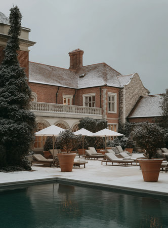 Snow covers the charming manor, creating a serene winter landscape of luxury.の素材