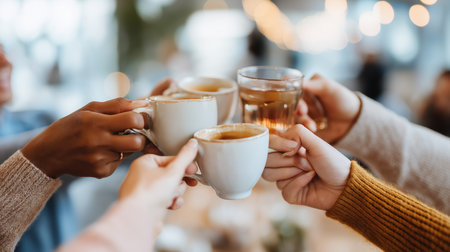 Cropped image of group of friends holding cups of coffee in cafeの素材