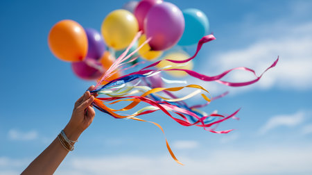 Close up of woman's hand holding colorful balloons on blue sky backgroundの素材