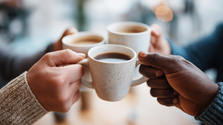 Two faceless friends connect over steaming cups of coffee in a lively cafe atmosphere.の素材