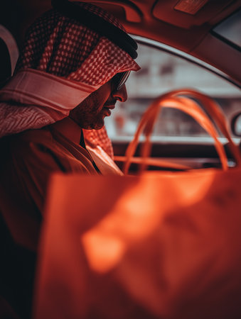 A man in traditional attire relaxes in a car with a bag ready for his outing.の素材