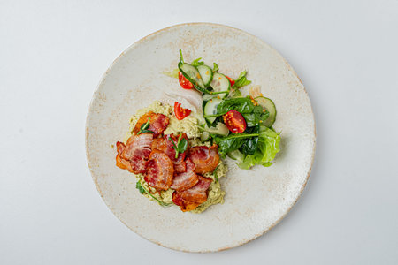 Crispy bacon on smooth avocado, with fresh salad greens and cucumber slices.の写真素材