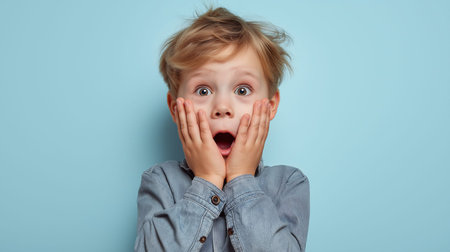 A cheerful little boy shows his excitement with wide eyes and hands on his face, beaming with joy.の素材