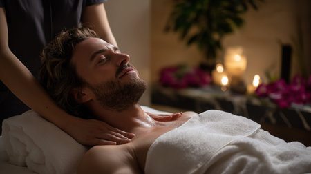 A handsome man relaxes with a calming massage in a soothing, softly lit space.の素材