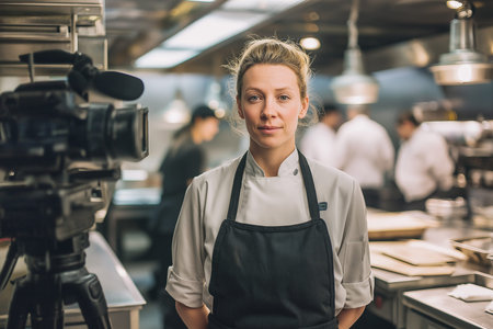 The talented chef stands confidently in a busy kitchen, surrounded by kitchen staff preparing meals.の素材