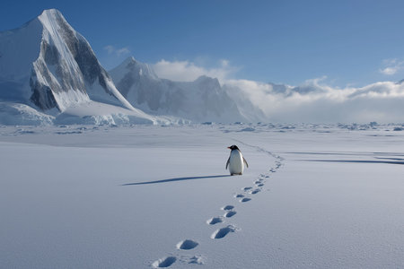 A lone penguin walks through the shimmering snow, leaving tiny footprints in the cold.の素材