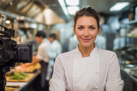 A confident female chef smiles while filming a cooking segment in a busy restaurant kitchen.の素材