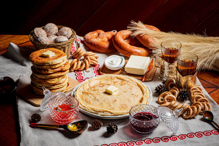 A tempting assortment of pancakes, breads, and drinks laid out beautifully for a cozy gathering.の写真素材