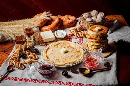 A colorful breakfast features fluffy pancakes, pastries, and tasty spreads, inviting joy.の写真素材