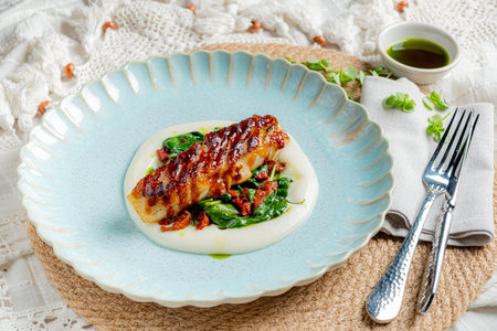 Succulent grilled fish rests elegantly on smooth, creamy spinach with vibrant sun-dried tomatoes.