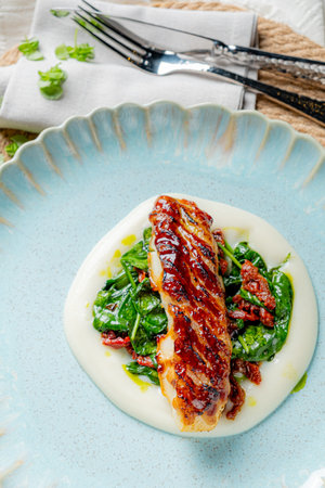 Grilled fish with rich sauce on creamy purÃ©e and greens delivers culinary delight.