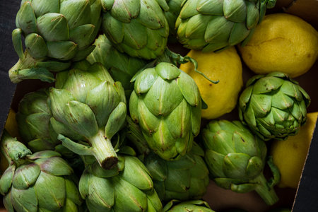 Plump green artichokes nestle beside bright lemons, ready for a culinary adventure in the kitchen.の写真素材