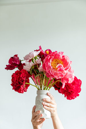 Colorful pink and red peonies gracefully show off their beauty and charm.