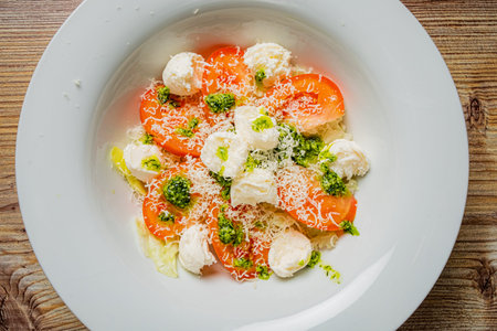 A delightful plate showcases ripe tomatoes, soft cheese, and bright green pesto, ready to enjoy.の写真素材