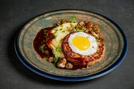 A golden fried egg crowns a juicy meat patty, served with smooth mashed potatoes.